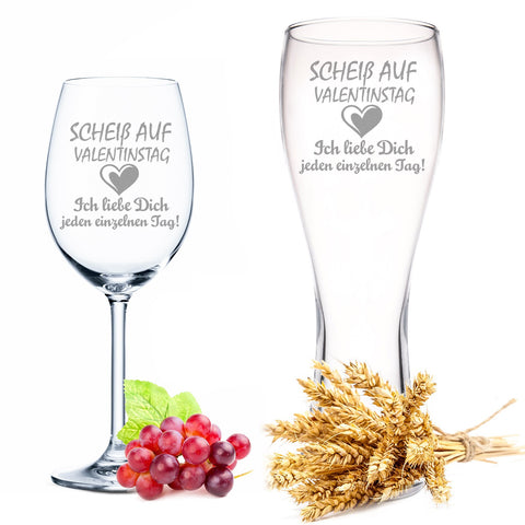 Leonardo "Scheiß auf Valentinstag" Geschenk Set Weinglas + Weizenglas