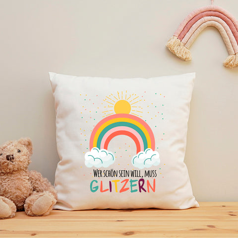 Bedrucktes Kissen mit Spruch Wer schön sein will, muss glitzern