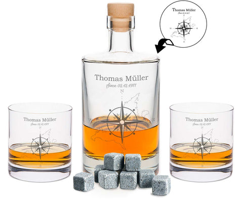 Leonardo Whiskygläser mit Gravur - "Kompass" im Set mit 0,5l Karaffe