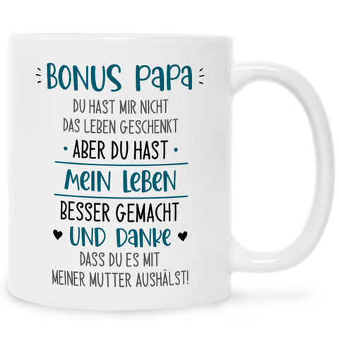 Bedruckte Tasse mit Spruch Bonus Eltern