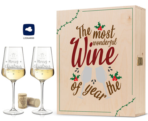 Leonardo Puccini Weißweingläser mit Gravur im "Most wonderful Wine" Design als Set inkl. Holzkiste