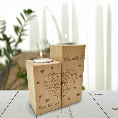 Gravierter Teelichthalter aus Holz im Set mit Namensherz Mama Design