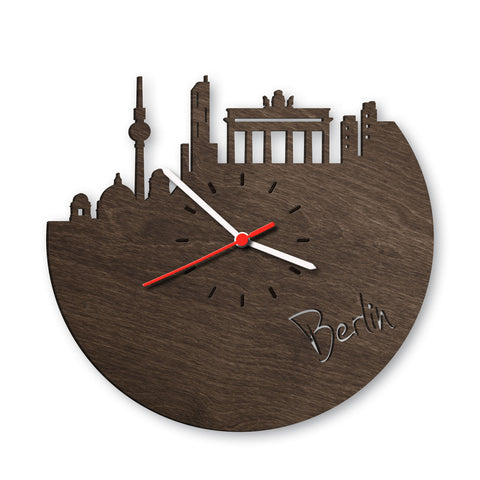 Wanduhr aus Holz Skyline Berlin Nussbaum