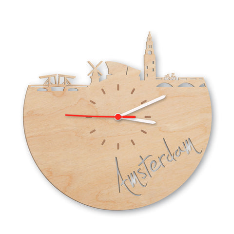 Wanduhr aus Holz Skyline Amsterdam
