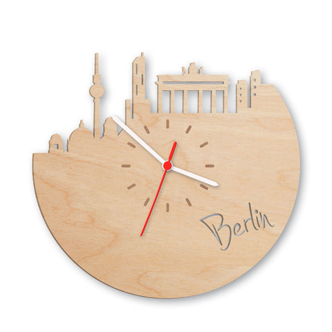 Wanduhr aus Holz Skyline Berlin