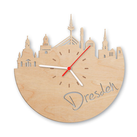 Wanduhr aus Holz Skyline Dresden