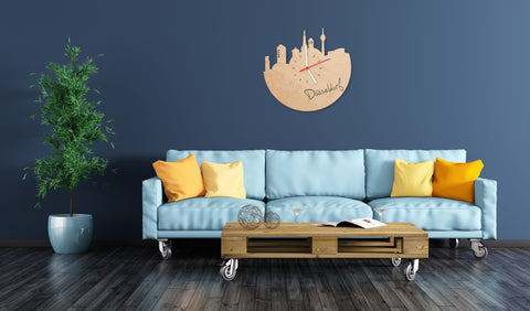 Wanduhr aus Holz Skyline Düsseldorf Wohnzimmer