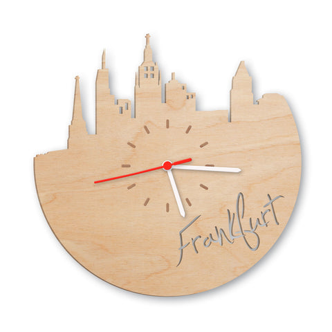 Wanduhr aus Holz Skyline Frankfurt
