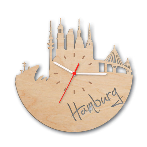 Wanduhr aus Holz Skyline Hamburg 2016