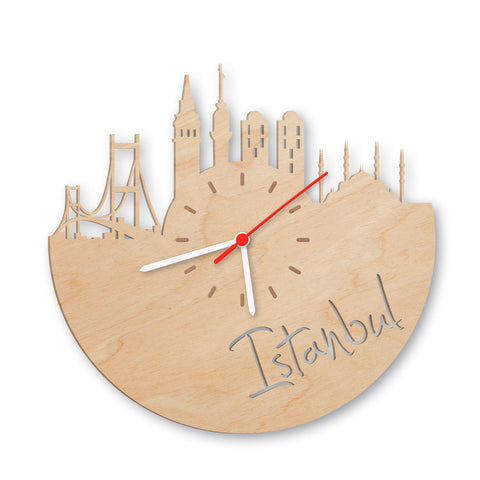 Wanduhr aus Holz Skyline Istanbul