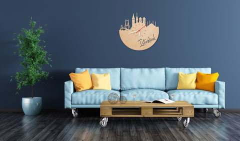 Wanduhr aus Holz Skyline Istanbul Wohnzimmer