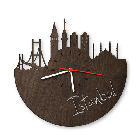 Wanduhr aus Holz Skyline Istanbul Eiche geräuchert