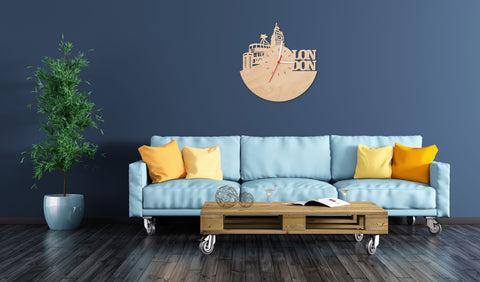 Wanduhr aus Holz Skyline London 2016 Wohnzimmer