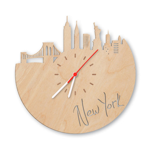 Wanduhr aus Holz Skyline New York