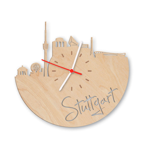 Wanduhr aus Holz Skyline Stuttgart