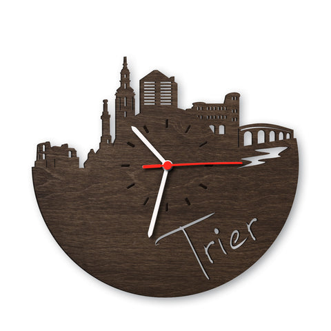 Wanduhr aus Holz Skyline Trier Eiche geräuchert