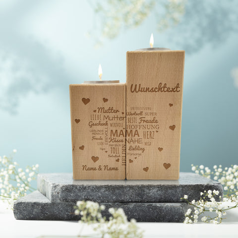 Gravierter Teelichthalter aus Holz im Set mit Namensherz Mama Design
