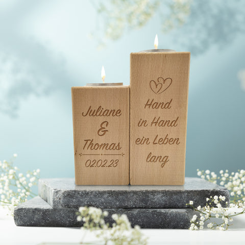 Graviertes Teelichthalter Set aus Holz im "Hand in Hand" Design