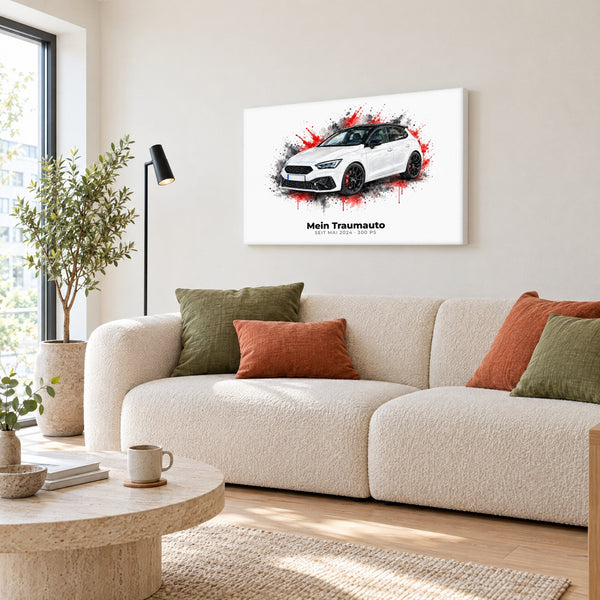 Personalisierte Leinwand 60 x 40 cm mit weißem Kompaktwagen im Stil Signature über einem hellen Sofa
