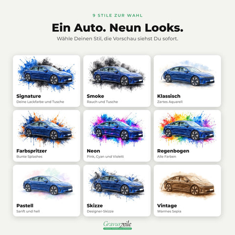 Neun Stile für Dein Auto-Aquarell: Signature, Smoke, Klassisch, Farbspritzer, Neon, Regenbogen, Pastell, Skizze und Vintage