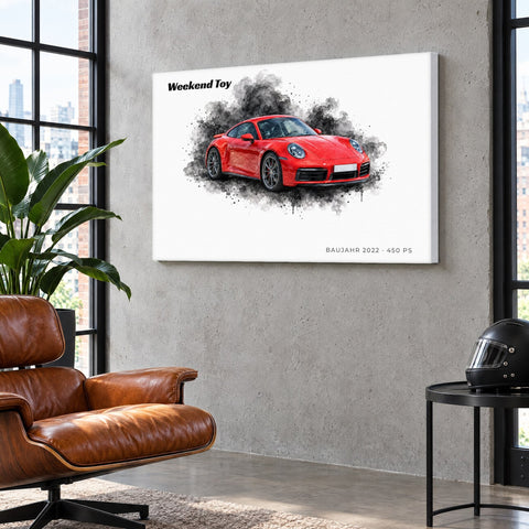 Große Leinwand 90 x 60 cm mit rotem Sportwagen im Stil Smoke an einer Betonwand im Loft