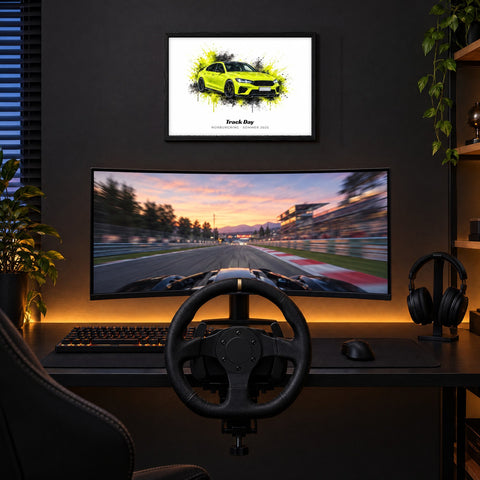 Gerahmtes Poster mit gelbem Sportwagen im Stil Neon über einem Gaming- und Sim-Racing-Setup