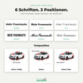 Sechs Schriften und drei Textpositionen für den persönlichen Text auf dem Auto-Aquarell