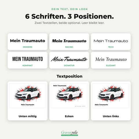 Sechs Schriften und drei Textpositionen für den persönlichen Text auf dem Auto-Aquarell