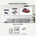 Größenvergleich: Leinwand 40 x 30, 60 x 40 und 90 x 60 cm über einem Sofa sowie Poster A4, A3 und A2