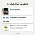 So geht es: Foto hochladen, Stil, Schrift und Text wählen, Vorschau prüfen und bestellen
