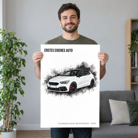 Mann hält ein Poster A2 im Hochformat mit weißem Auto und dem Text Erstes eigenes Auto