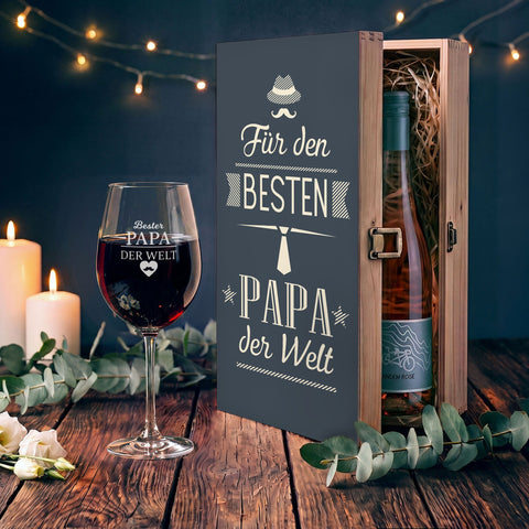 Stölzle Lausitz Weinglas Bester Papa der Welt inkl. bedruckter Holzkiste + Riesling Tandem