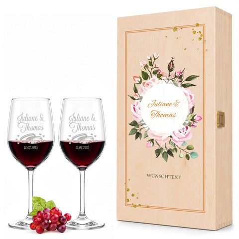 Stölzle Lausitz Weingläser mit Gravur "Summer & Flower" Design als Set inkl. bedruckter Holzkiste