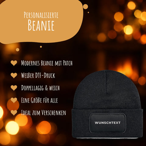 Vorteile der personalisierten Beanie: Patch, weißer DTF-Druck, doppellagig, eine Größe