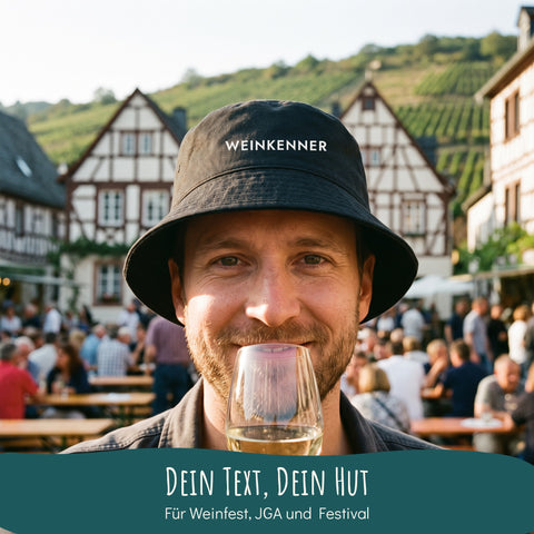 Bucket Hat mit Wunschtext beim Weinfest