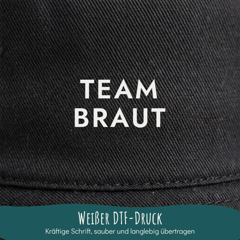 Nahaufnahme weißer DTF-Druck Bucket Hat mit Wunschtext