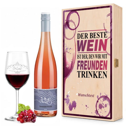 Stölzle Lausitz Weinglas "Der beste Wein nur mit Freunden 2.0" inkl. bedruckter Holzkiste + Riesling Tandem