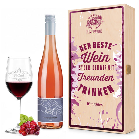 Stölzle Lausitz Weinglas "Der beste Wein nur mit Freunden" inkl. bedruckter Holzkiste + Riesling Tandem