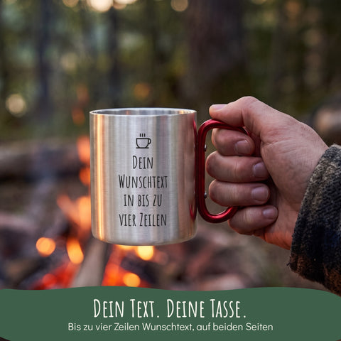 Edelstahl Tasse mit Wunschtext am Lagerfeuer