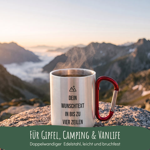 Personalisierte Edelstahl Tasse mit Karabiner auf dem Gipfel