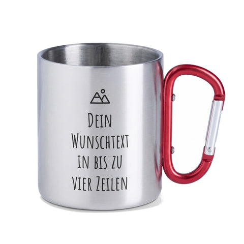Edelstahl Tasse mit Karabiner und Wunschtext freigestellt