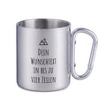 Camping Tasse mit silbernem Karabiner und Wunschtext