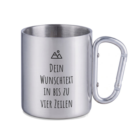 Camping Tasse mit silbernem Karabiner und Wunschtext