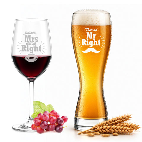Weizenglas + Weinglas "Mr Right & Mrs Always Right" mit Namen im Set