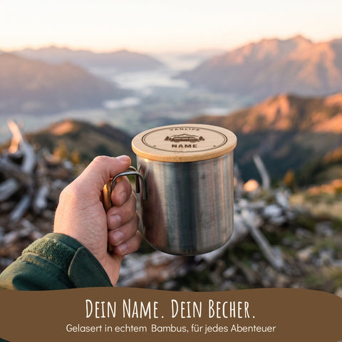 Edelstahlbecher mit Namensgravur im Bambusdeckel in den Bergen