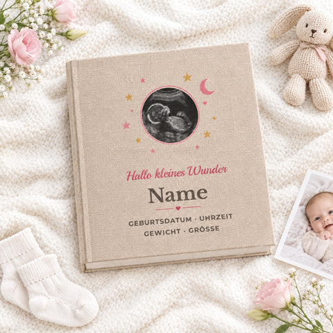 Babyalbum personalisiert, Motiv Geburt mit Ultraschallbild