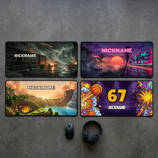 Gaming Mauspads mit Namen in vier Designs auf dem Gaming-Tisch