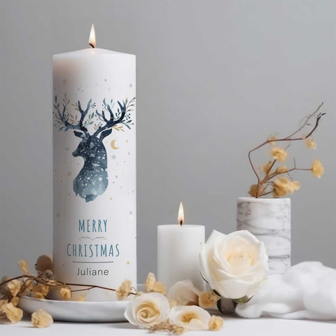 Große Kerze "Rentier" bedruckt mit Namen zu Weihnachten