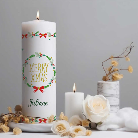 Große Kerze "Classic" Merry XMas mit Namen zu Weihnachten