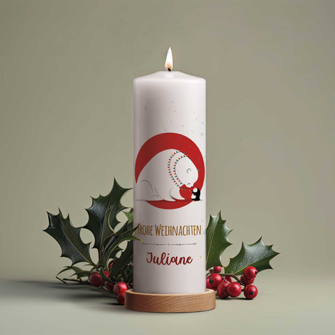 Große Kerze "Eisbär & Pinguin" mit Namen zu Weihnachten